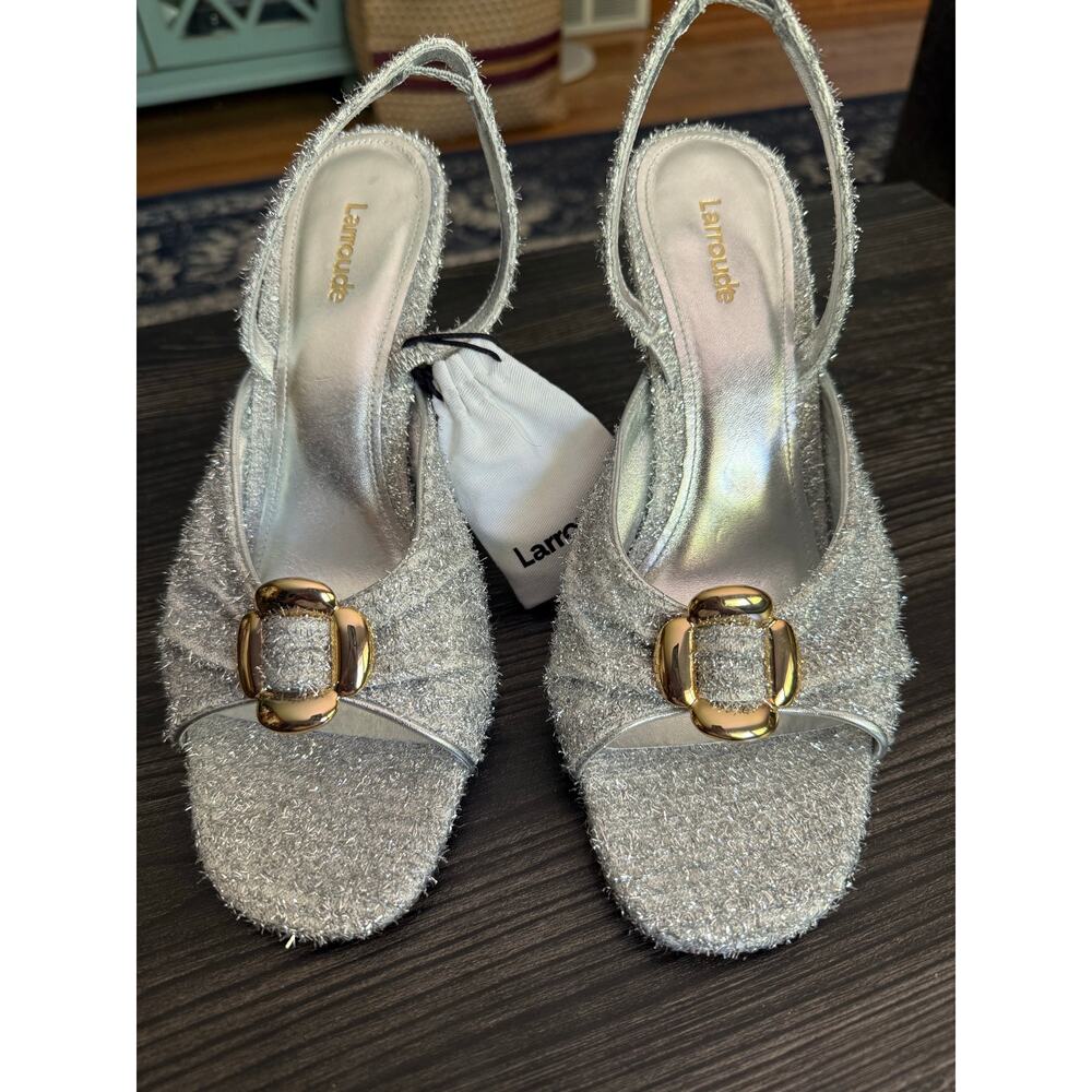 LARROUDÉ MAYFAIR SANDAL IN SILVER LUREX Sz. 10 with Extra Heel Tips